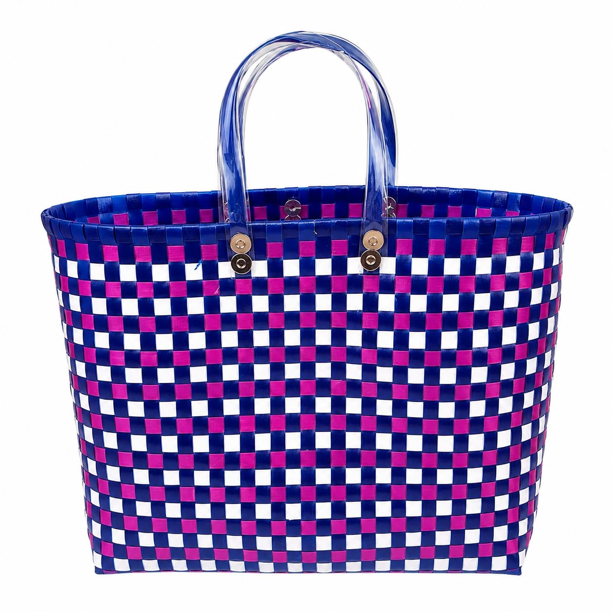 Handmade Plastic Wire Woven Basket for Grocery, Shopping, Lunch, and Picnic | Traditional Multipurpose Checkered Reusable Tote Bag for Women (BLUE,MAGEN,PINK,AND WHITE) (BLUE,MAGEN,PINK,AND WHITE)-image-9