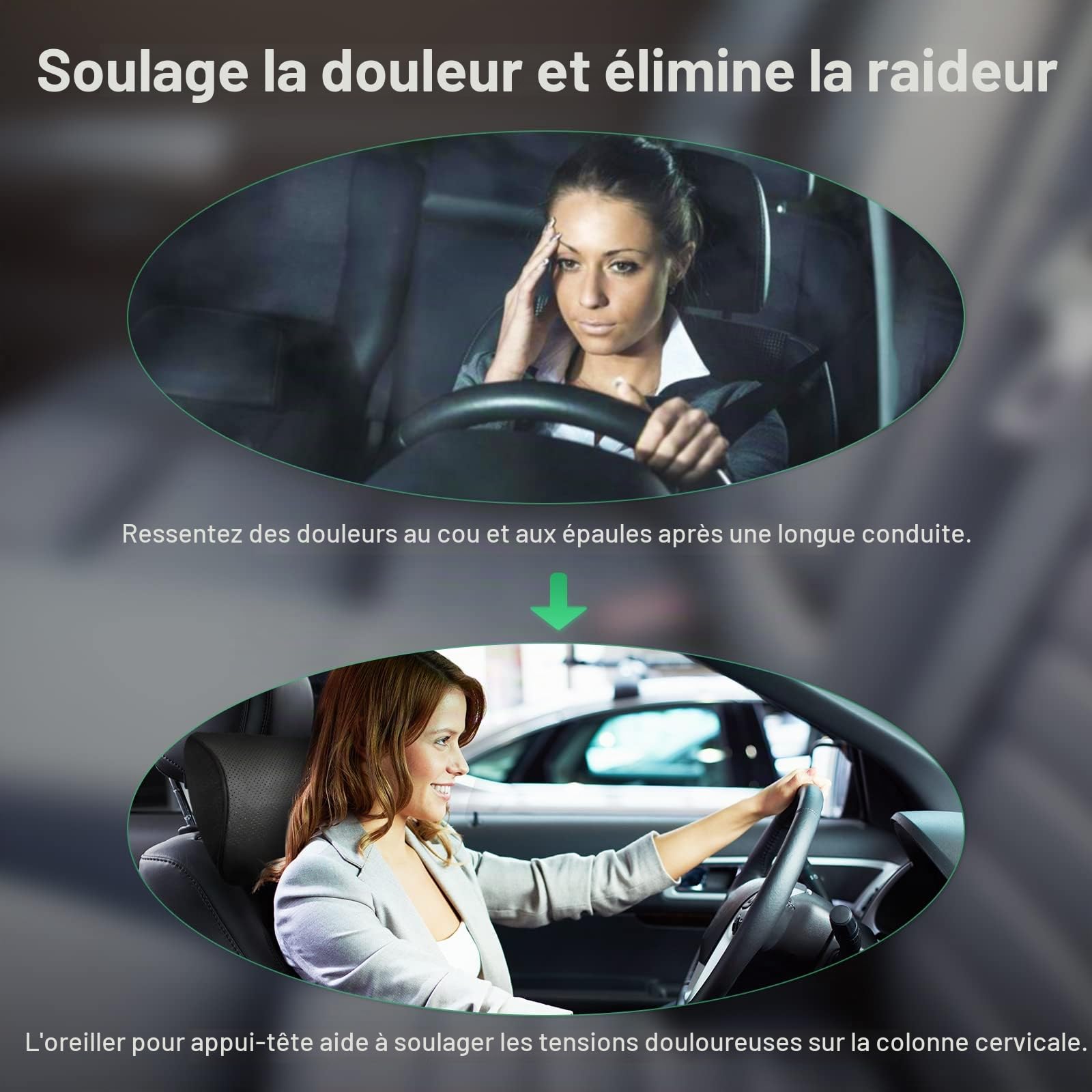 Set de 2 oreillers d'appui - tête de Voiture en Cuir véritable Souple pour Le Soutien du Cou oreillers de Voiture en Mousse à mémoire de Forme pour Aider à soulager Les douleurs au Cou, Noir