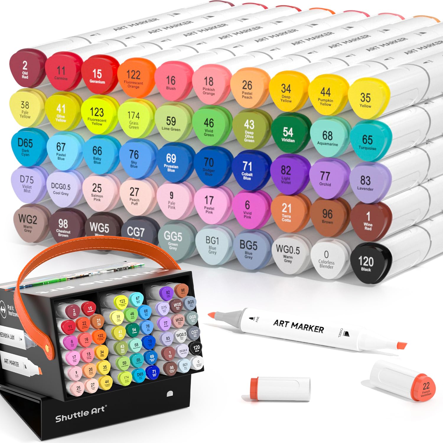 Shuttle Art Alcohol Markers met Dubbele punt, 60 Kleuren 1 Blender in een etui, Alcoholstiften voor Studenten en Volwassenen, Perfect voor Illustratie, Schilderen, Kleuren en kaarten te maken