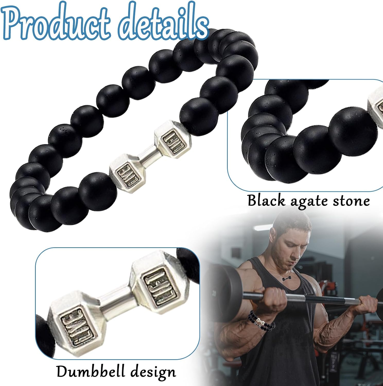 Dumbell Bracelet, Weighted Bracelet For Men, Dumbbell Bracelet For Men, 8mm Volcanic Rock Bracelet Set Necklace, Silver