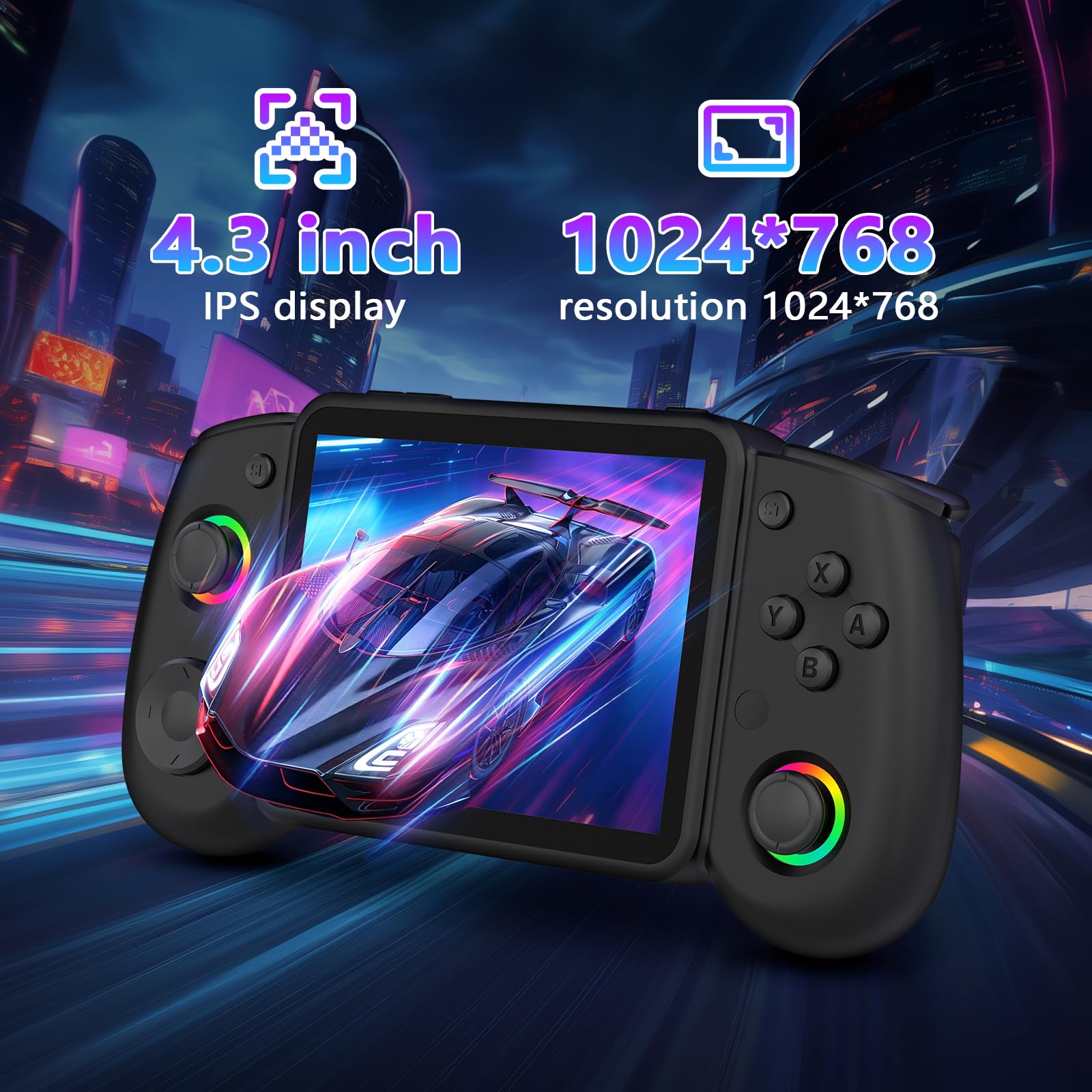 RG43H Console di gioco portatile, schermo IPS da 4,3 pollici, console di gioco retrò, batteria da 4000 mAh, supporto WiFi online, console portatile con scheda TF da 64 GB, nero