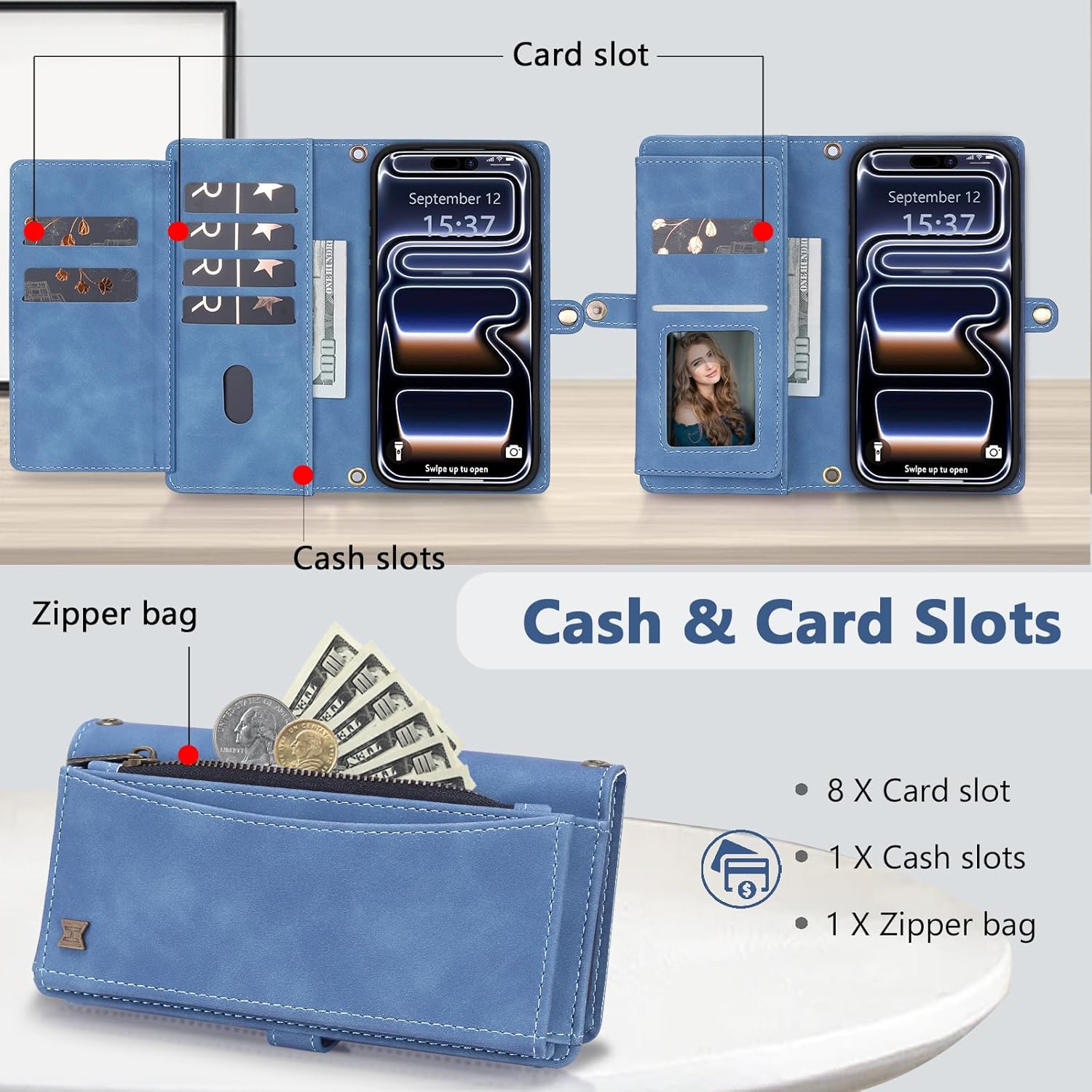 Wallet Case for iPhone 17 Pro with Card Holder/Crossbody Wallet/Strap,[RFID Blocking][Magnetic] PU Leather Phone Case for iPhone 17 Pro,6.3 in,Dream Sky Blue