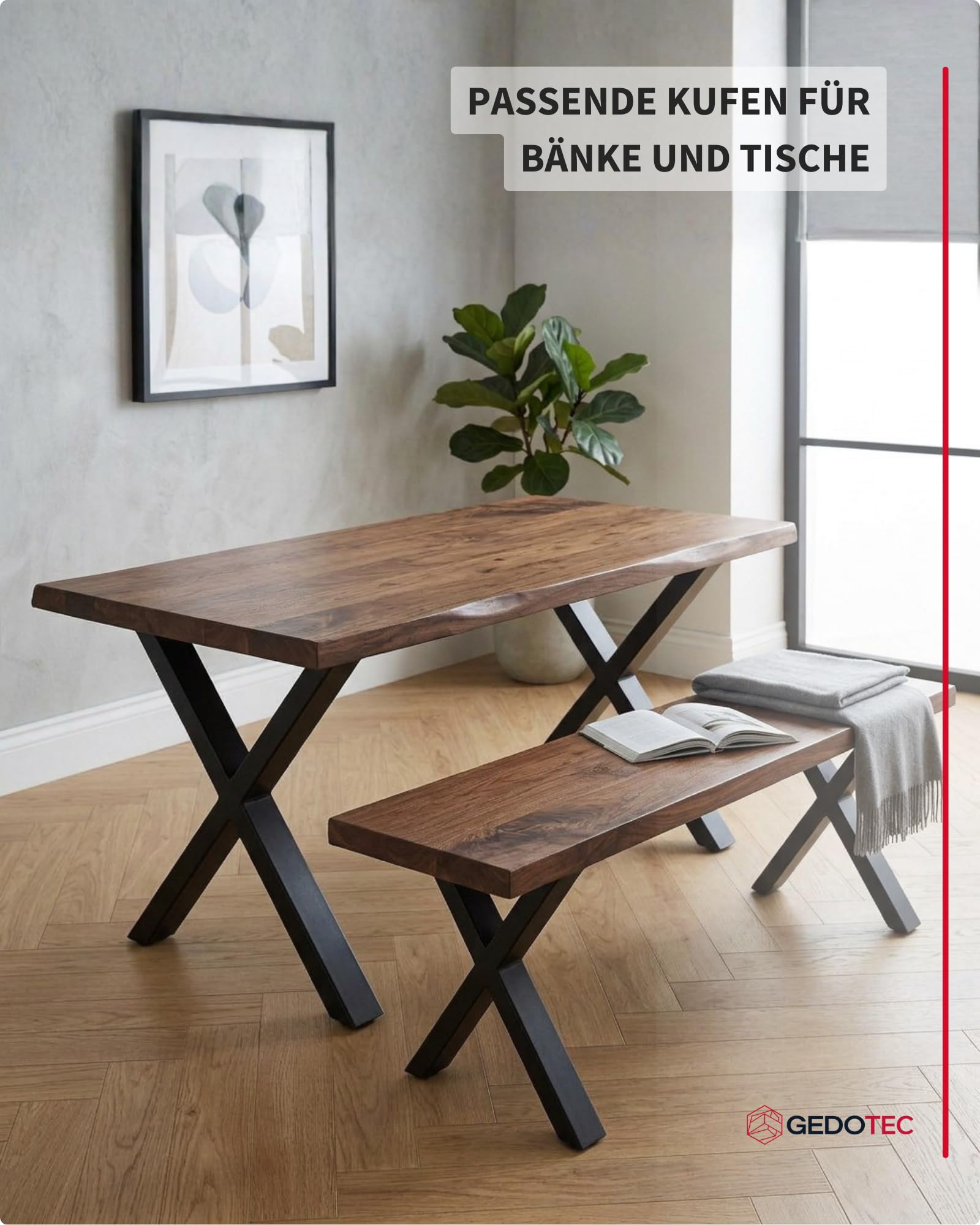 Gedotec 2 Tischbeine X-Form, schwarzes Metall 710 x 580 mm, Tischkufe im Industriedesign, Tischgestell aus Stahl für Esstisch Schreibtisch oder DIY Möbel, mit Filzgleiter
