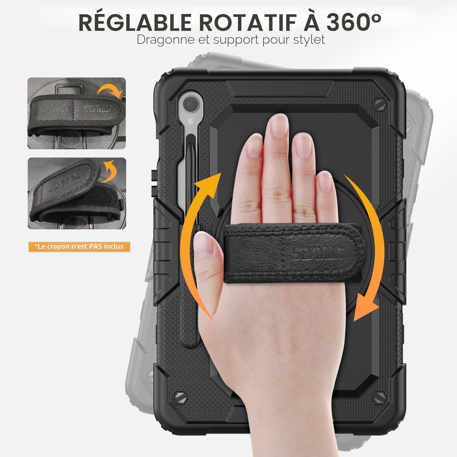 SEYMAC Coque pour Samsung Galaxy Tab S10 Lite / S10 FE / S9 FE 10.9 Pouces / S9 11 Pouces, Coque Antichoc avec Protecteur D'écran, Dragonne, Bandoulière, Support et Porte-Stylo, Noir