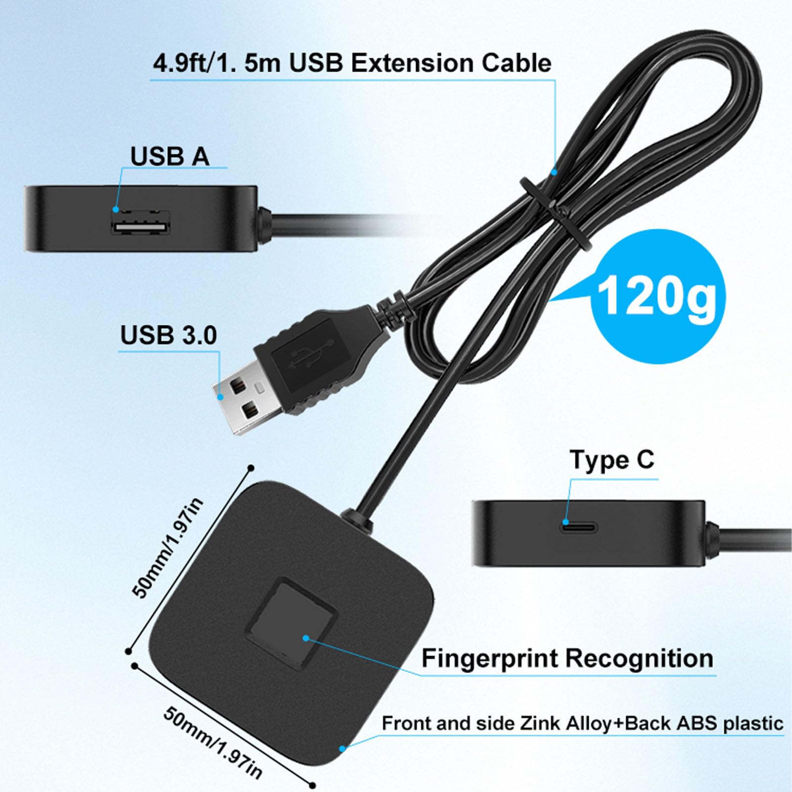 Fockety USB-Fingerabdruckleser, Berührungsschnell Passender Biometrischer Fingerabdruckscanner mit 360-Grad-Erkennung und Selbstlernendem Algorithmus, für 10 11 PC-Laptop (Black)