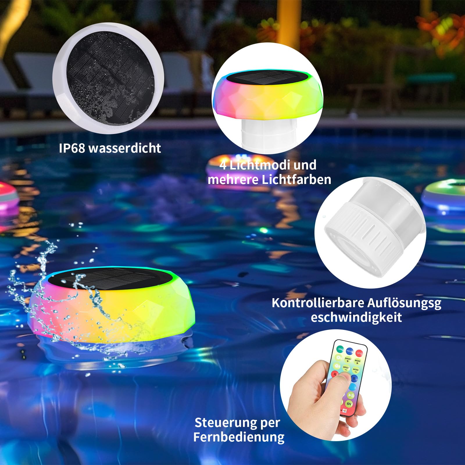 Czemo Dispensador Cloro Piscina con Luz Solar LED, Dosificador de Cloro Flotante con Termómetro Flotador de Piscina para Pastillas de Cloro con Anillo de Ajuste de Capacidad