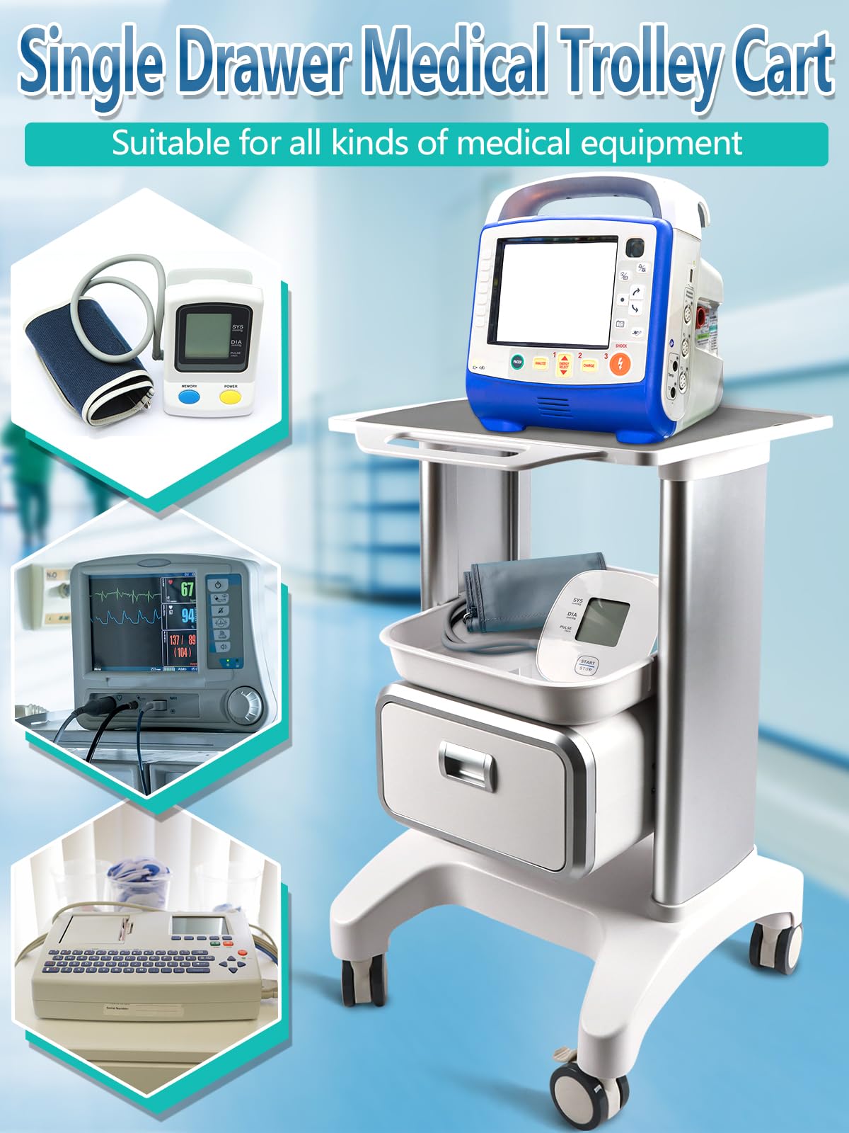 EBANKU Carrello medico con ruote, carrello professionale con cassetto, dotato di cuscinetti antiscivolo, per clinica, spa, ufficio, camera da letto