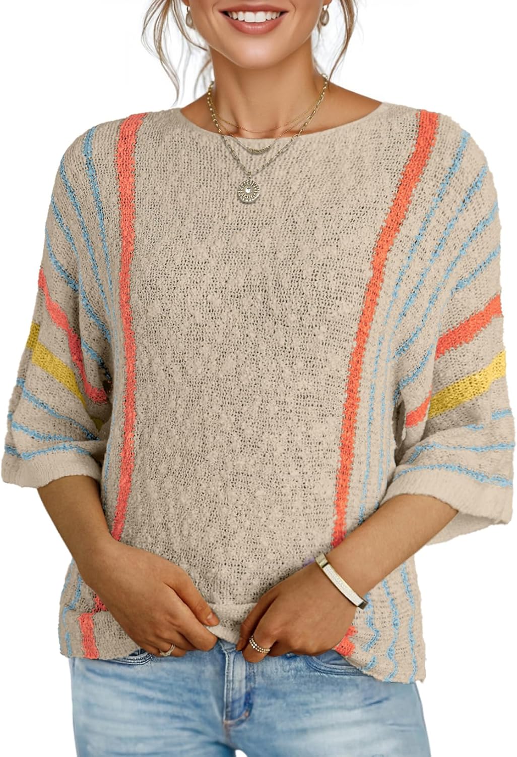 Dokotoo Womens 2026 Spring Summer Casual Crewneck 3/4 Sleeve Striped Lightweight Knit Trendy Boho Tops Pullover Sweaters