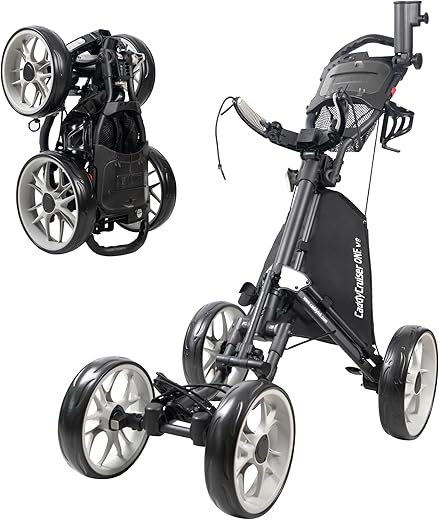 CaddyTek 4 Wheel Golf Push Cart - Caddycruiser One Version 8 1-Click Folding Trolley - Lightweight, Compact Pull Caddy Cart, Easy to Open