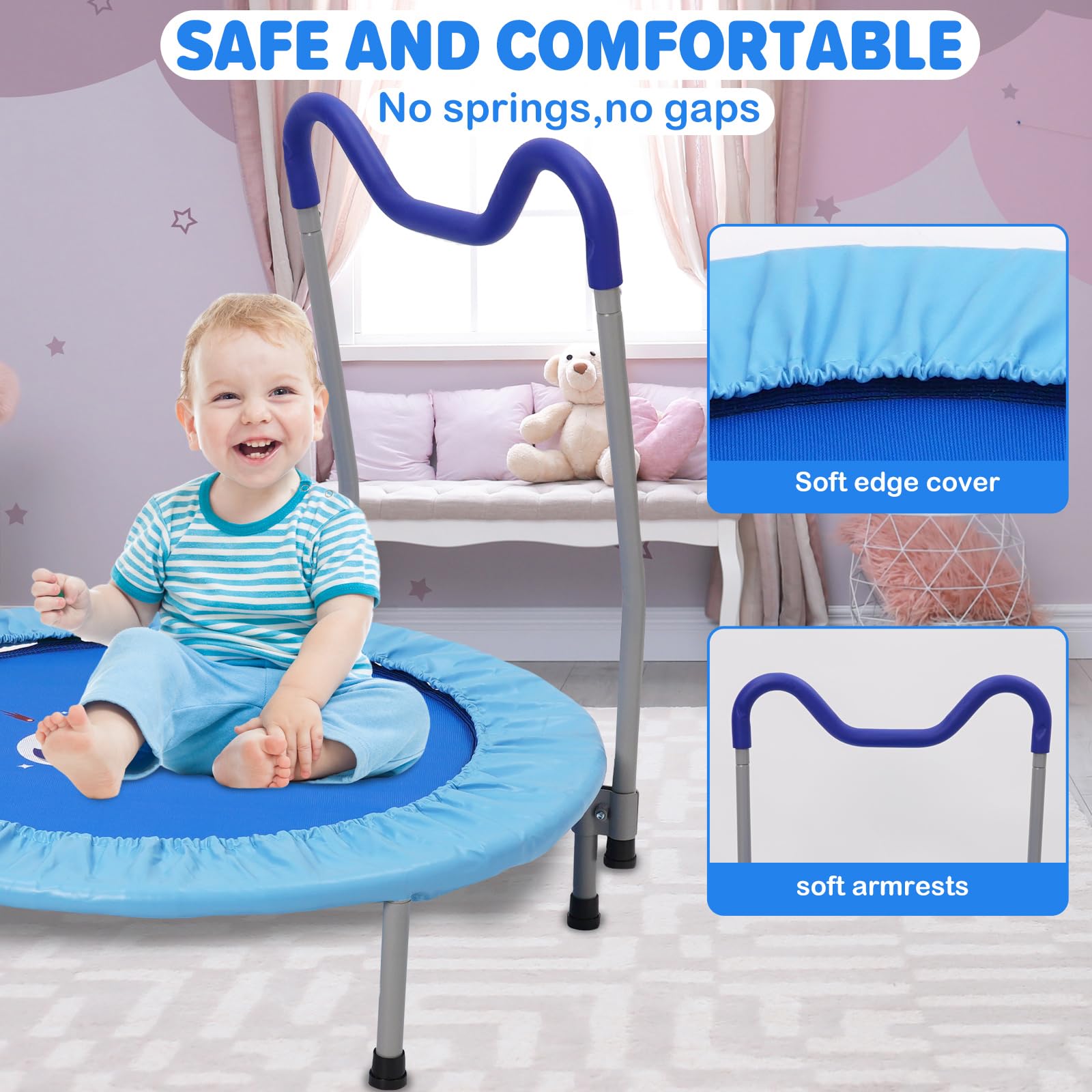 91cm Trampolines para Niños de con Reposabrazos de Espuma,Lona de Salto y Protector de Lluvia Trampolín Infantil a Partir de 3 Años,Cama Elástica Niños Interior/Exterior Máx.120 kg