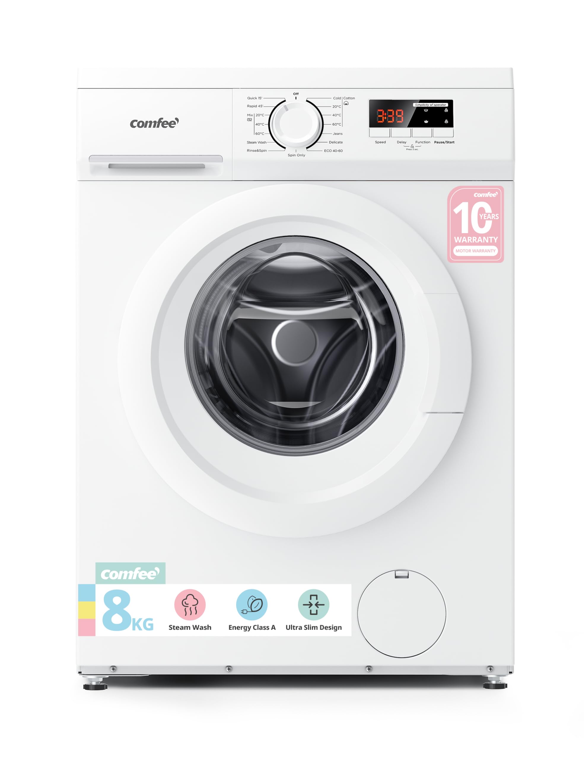 COMFEE' Freestanding Washing Machine,8KG Load,1400RPM,Steam Wash,Slim Design,Quick Wash,BLDC Durable Inverter Motor,Energy Class A,White-CFE12EW80/W