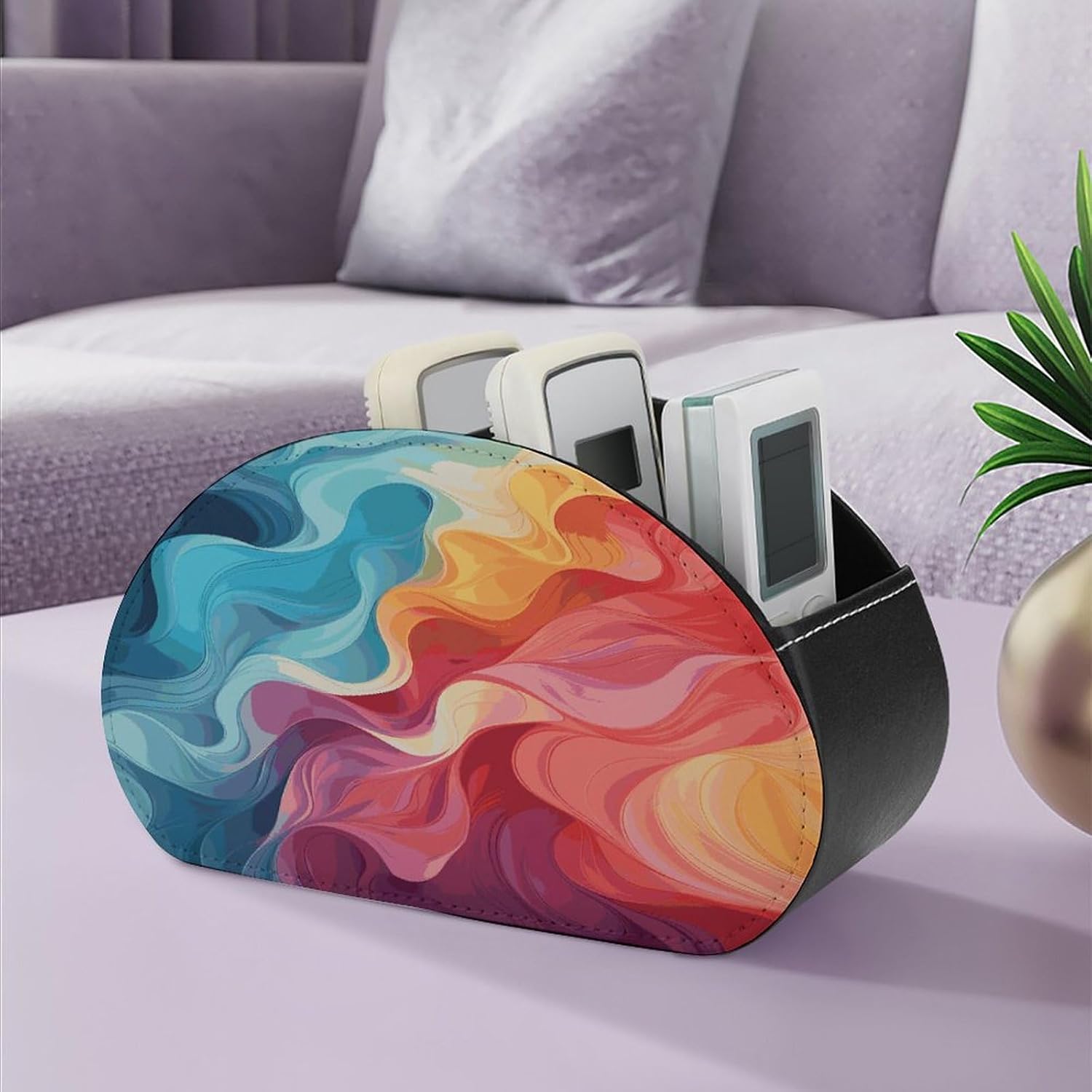Rainbow Color Abstract Illustration Remote Control Holder with 5 Compartments Desktop Organizer PU Leather TV Remote Box Multi-Purpose Storage for Office Bedside Nightstand image 5