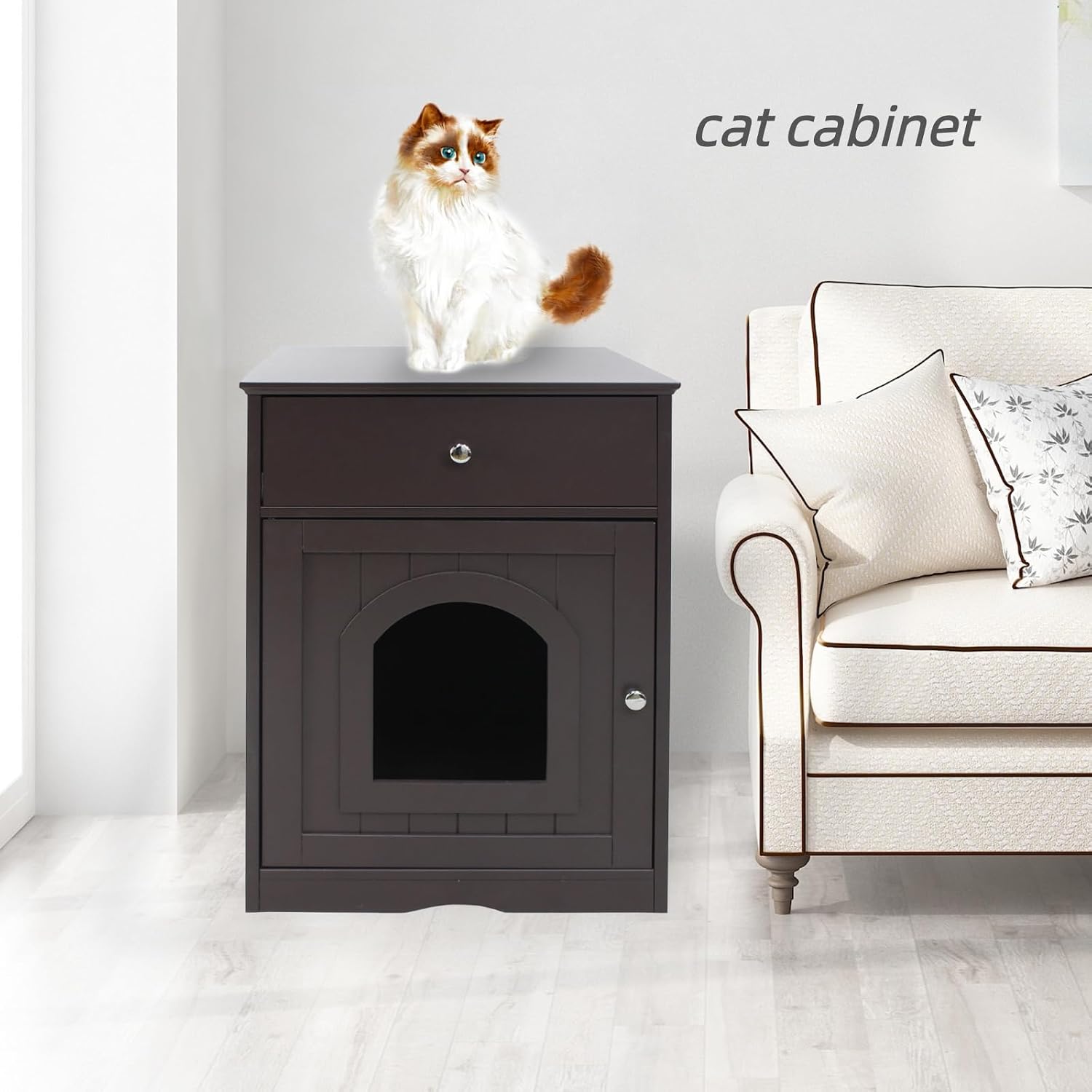Wooden Cat Litter Box Enclosure with Drawer, Side Table, Indoor Pet Crate (Brown + Solid Wood)
