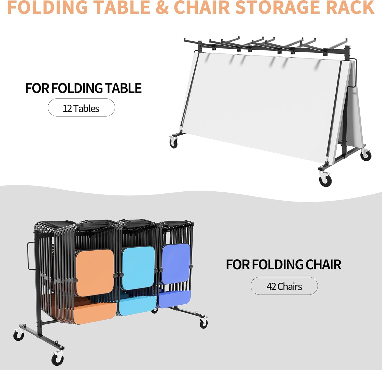 Folding Chair Rack, Folding Chair Cart for 42 Chairs, Heavy Duty Utility Cart for Chair Storage and Moving, 265 Lbs Capacity, PVC Locking Wheels, Waterproof Cover, Black