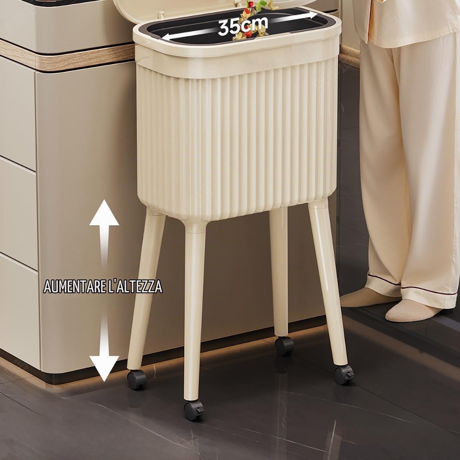 Pattumiera Da Cucina Di Grande Capacità Con Coperchio A Pressione, Design Con Piede Alto, Pattumiera Verticale A Prova Di Animali Domestici, Pattumiera Sottile Per Piccoli Spazi(White)