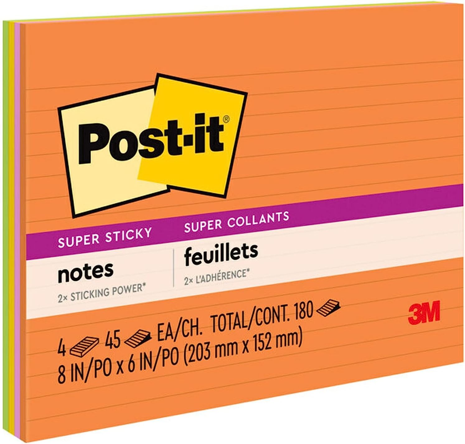 Post-it Super Sticky Notes, 8x6 in, 4 Pads, 2x the Sticking Power, Energy Boost Collection, Bright Colors, Recyclable (6845-SSPL)