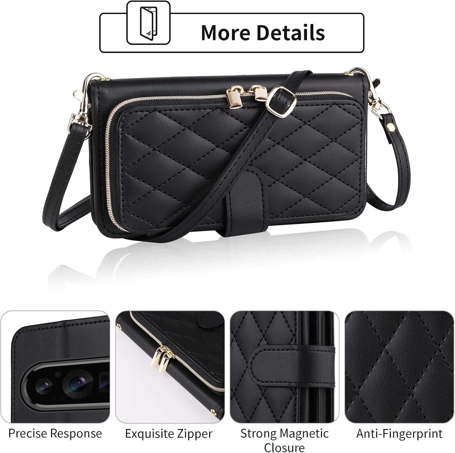 Argyle Wallet Case for Google Pixel 9/9 Pro/10/10 Pro 5G with Wrist/Shoulder Strap Card Slots Zipper Purse Luxury PU Leather Stand Phone Cover for Pixel9 9Pro/Pixel10 10Pro Nine Ten Black