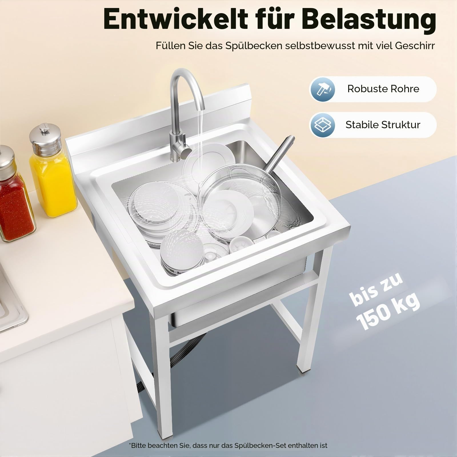 Freistehende Edelstahl Waschbecken 1 Becken Outdoor Spüle mit Kalten und Heißen Wasserhähnen und Anderem Zubehör Kommerzielle Restaurantspüle für Außen Innen Küche Restaurant 93 x 60 x 60cm