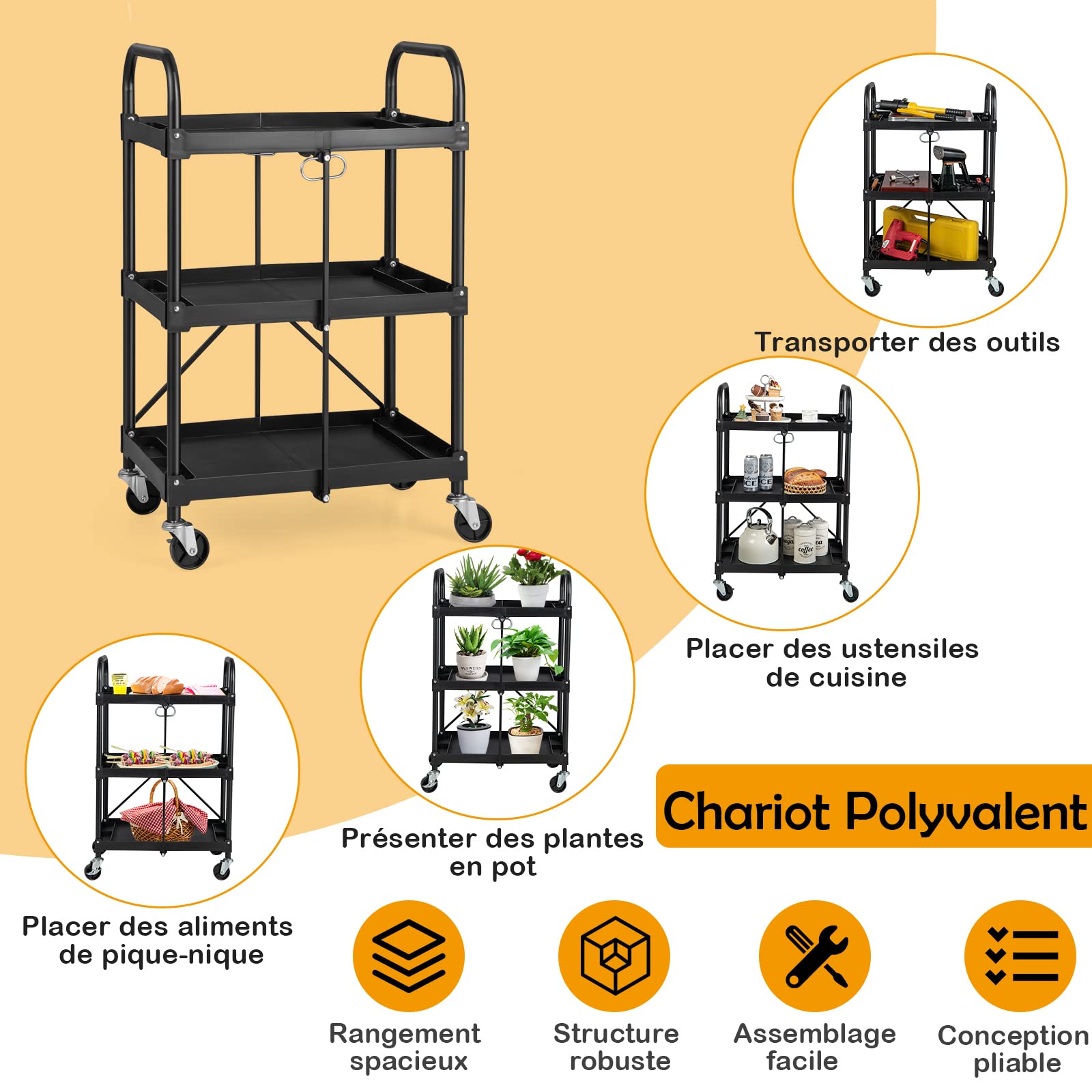 GOPLUS Desserte à roulettes Pliable, Chariot Roulant 3 Niveaux, pour Maison, Bureau et Entrepôt, 61 x 44 x 96 CM
