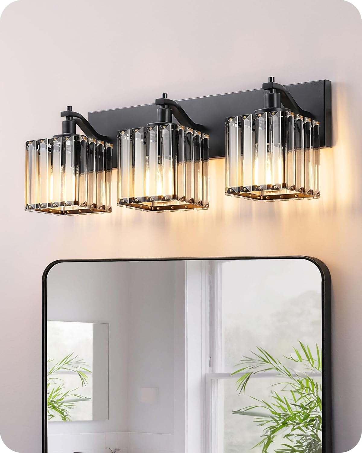 EDISHINE Bathroom Vanity Light Fixtures, 3-Light 20.47'' Crystal Bathroom Lighting Fixtures Over Mirror, Modern Wall Sconce for Powder Room, Bedroom, E26 Base, Black