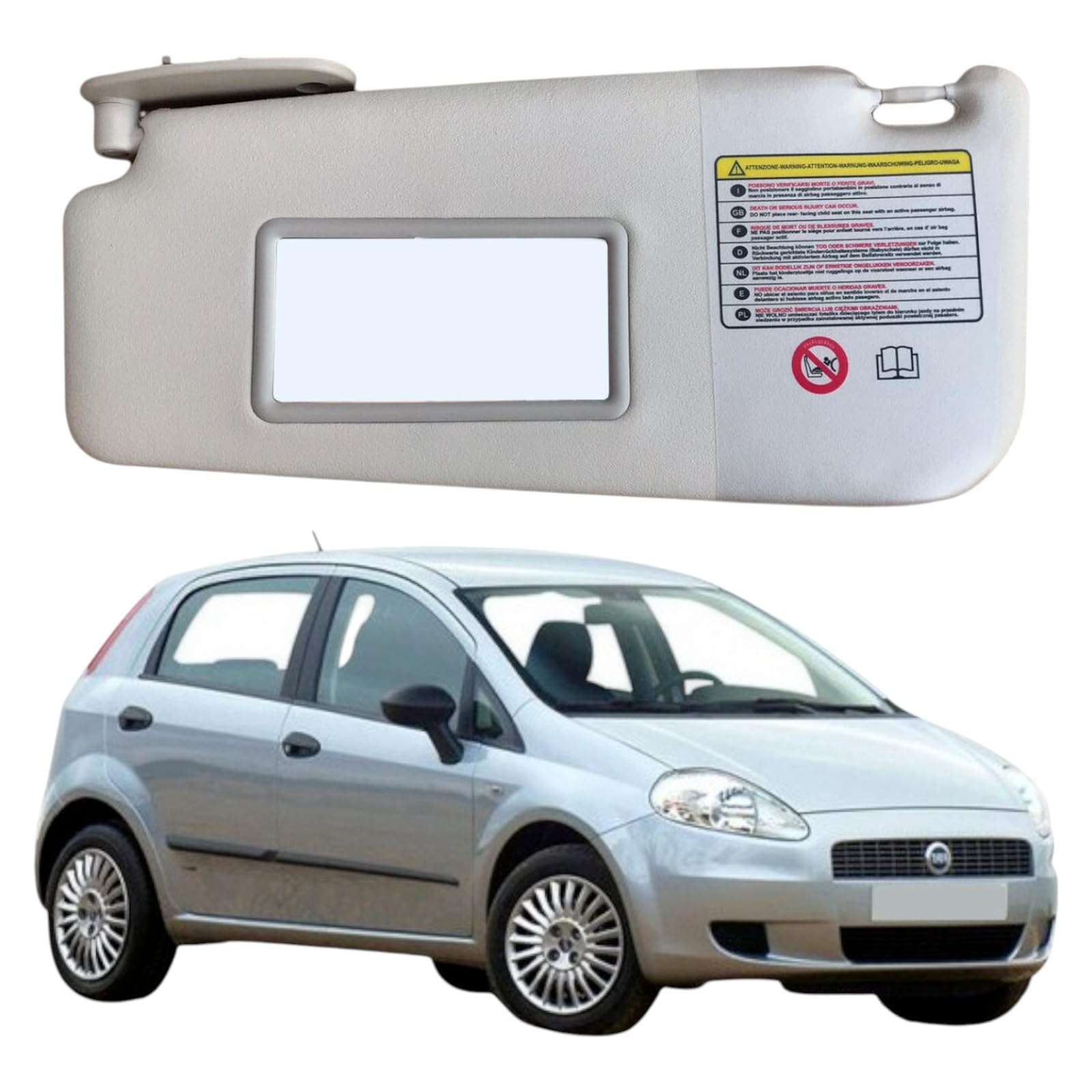 Pantina Aletta Parasole Lato Sinistro SX per GRANDE PUNTO e PUNTO EVO con Specchio e Tasca, colore Beige - Compatibile, Non Originale
