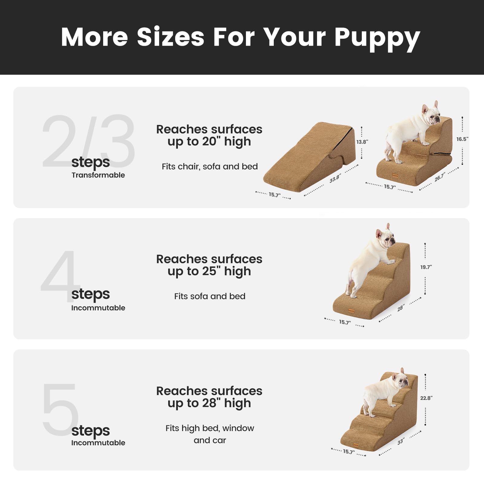 Gardner Pet Scala per Cani Piccoli 50cm, 4 Gradini, Rampina in Schiuma con Rivestimento Antiscivolo e Impermeabile per Letto, Divano e Auto, Marrone