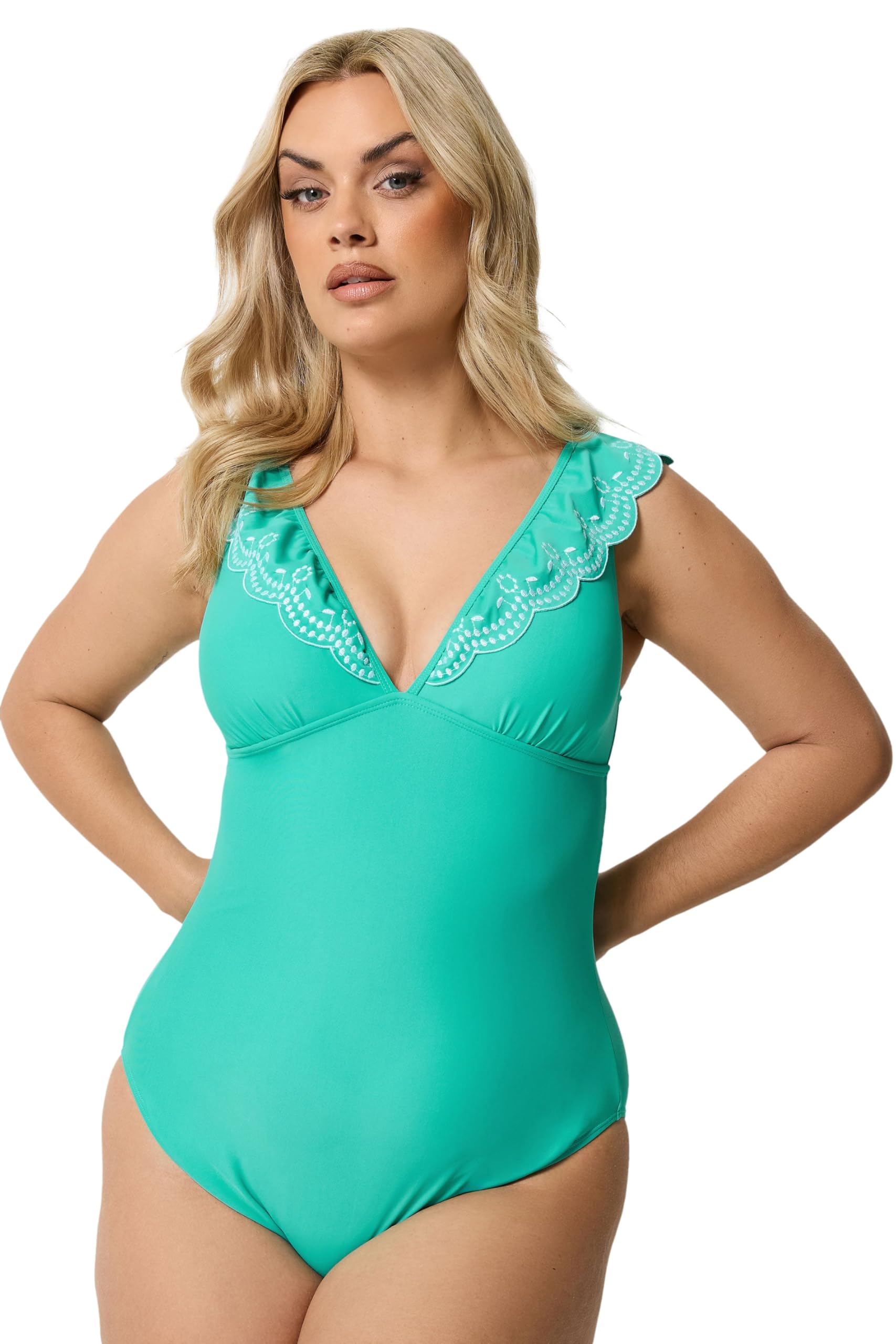 Yours Women's Mint Broderie Frill Tummy Support Swimsuit In | Size: 28
