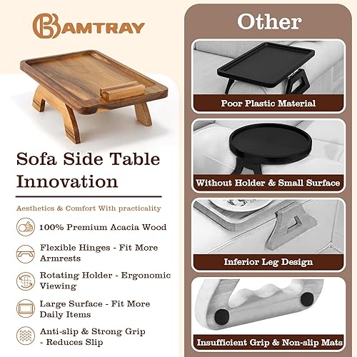 Miniatura 7 de Bandeja de brazo de sofá, mesa plegable con soporte giratorio de 360, bandeja de sofá de bambú para bebidas, aperitivos, frutas