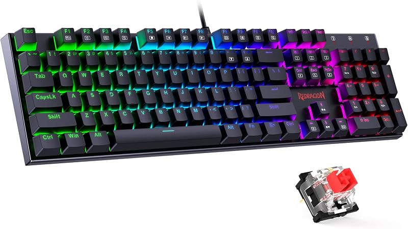 Redragon Teclado Mecánico para Juegos con Interruptores Rojos, Teclado Mecánico con Cable con Retroiluminación RGB, Totalmente Programable, Marco de Aluminio Duradero, Anti-Ghosting para PC Windows Mac, K565, Negro