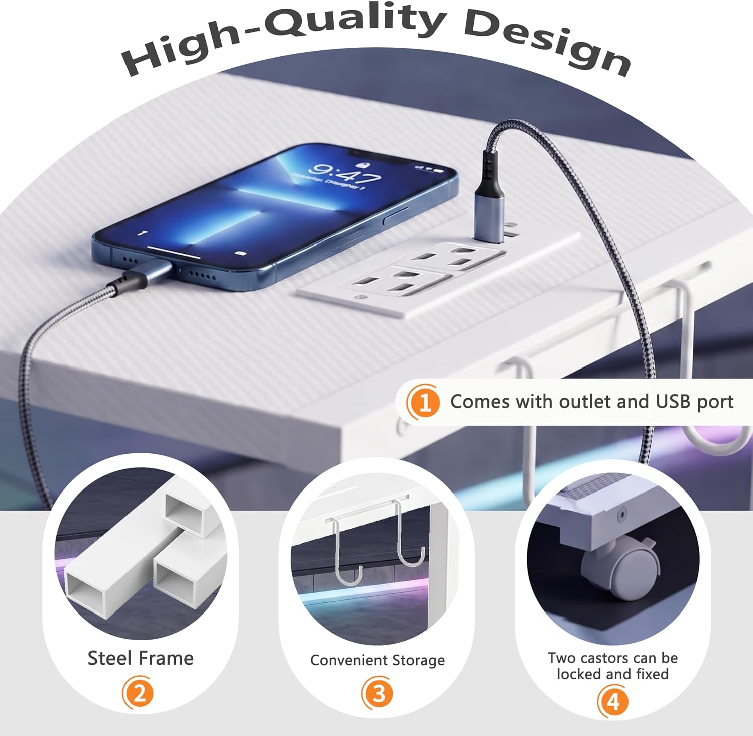 Computer Tower Stand with LED Light Strip,23.6'' × 15.7'' Mobile Rolling CPU Holder,Height Adjustable PC Tower Stand with Charging Station for Office Home (White Texture,Large)