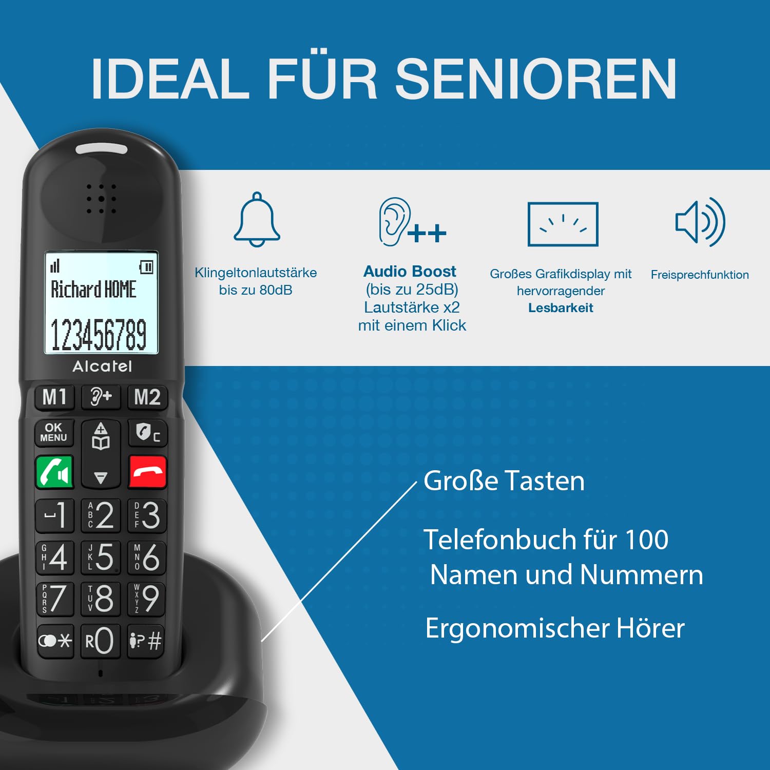 ALCATEL XL685 - Schnurloses Festnetztelefon DECT für Senioren im XL-Format - Hochauflösendes Grafikdisplay - Große Tasten - Audio Boost - Freisprechfunktion - Anrufblockierungsfunktion - Schwarz