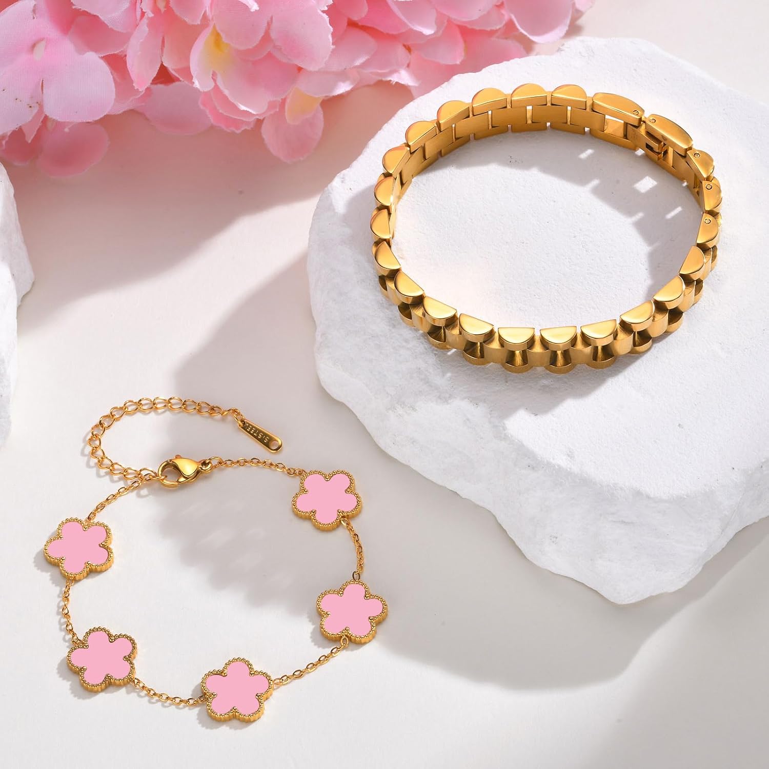 Stackable Gold Floral Bracelets Set , 2pcs 18K Gold Plated Bracelet Non-tarnish,Stainless Steel Link Chain Friendship Bracelet,Watch Band Trendy Jewelry,Christmas Valentines Birthday Gifts for Women - Image 4