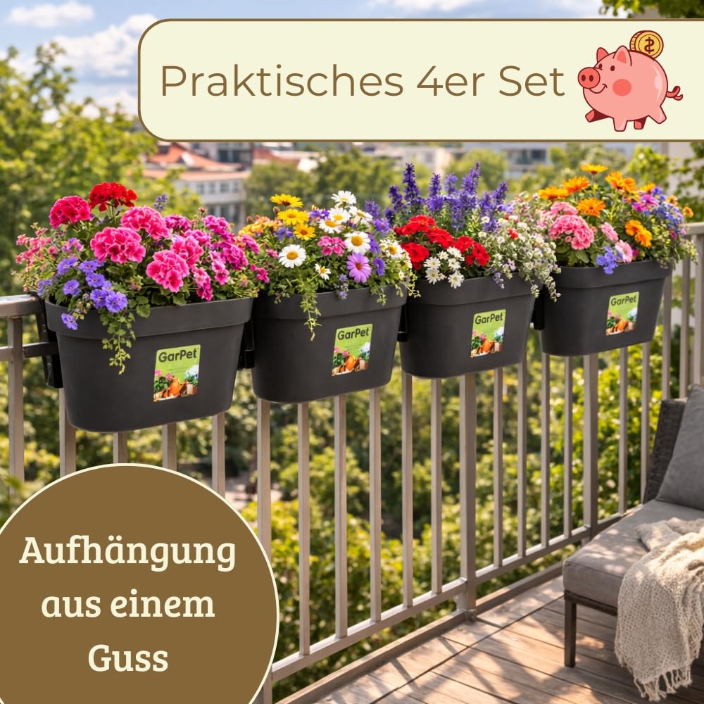 GarPet 4er Set Geländerkasten Balkon mit Wasserspeicher Blumentopf Zaun Blumenkasten Geländer Balkontopf Balkonkasten mit Halterung Balkon Pflanzkasten Anthrazit