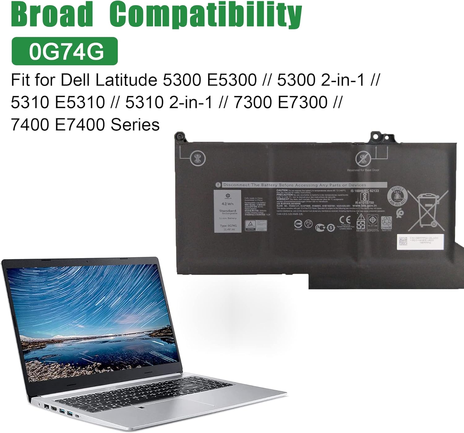 0G74G 02PFPW Laptop Battery Replacement for Dell Latitude 5300 5310 7300 7400 P97G P97G001 P97G002 P96G P96G002 P96G003 P99G P99G001 P100G P100G001 Series OG74G 2PFPW 11.4V 42Wh 3500mAh