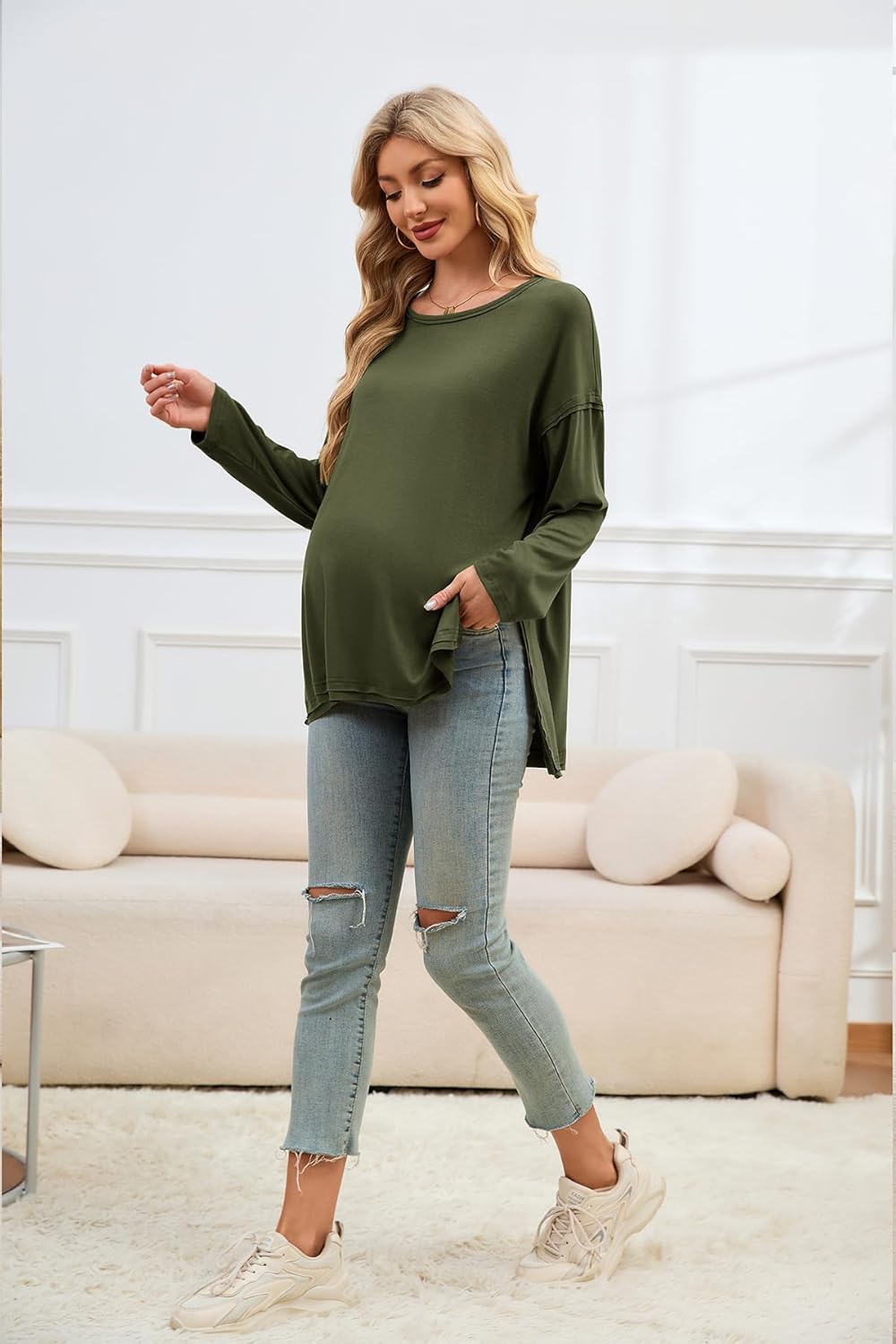 Smallshow Women's Long Sleeve Maternity Shirts Loose Tunic Pregnancy Tops - Image 2