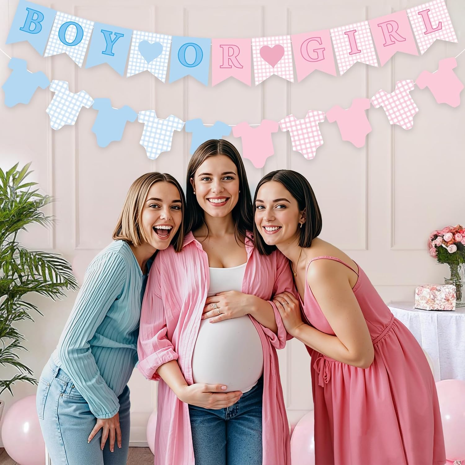 2pcs Pink and Blue Boy Or Girl Banner Baby Shower Gender Reveal Banner Photo Props Baby Clothes Decorations with Pink Blue Hearts for Girl Boys Gender Reveal Party Decorations Supplies