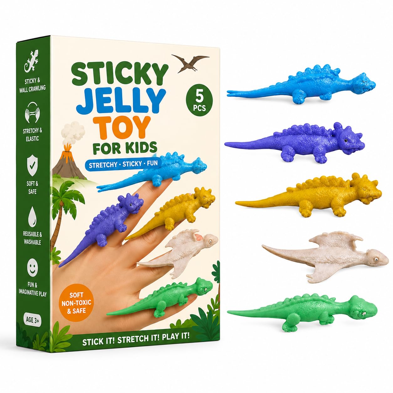 Sticky Jelly Toy for Kids | Stress Relief Squeeze Stretchy Animal | Wall Crawling Party Favours | for Boys and Girls | Multicolour, Pack of 5 Stretchy Dinosaur Toys-image-22