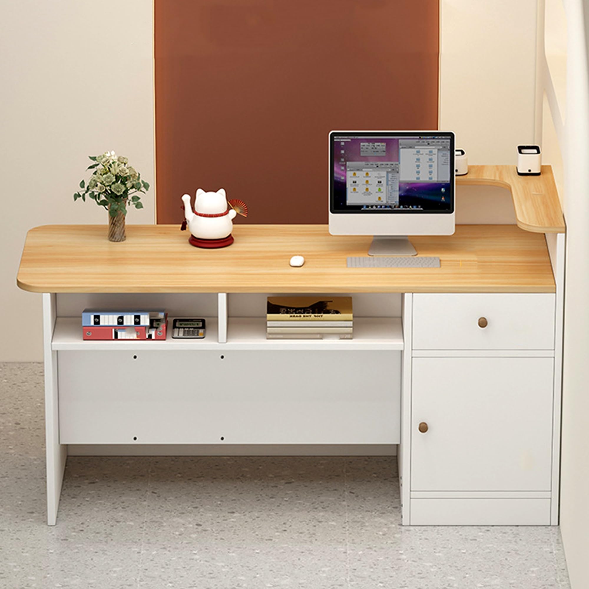 Mostrador de recepción con cajón y estantes Abiertos con Esquinas Redondeadas for Oficina, salón, Tienda y cafetería(Beige-Right,120cm)