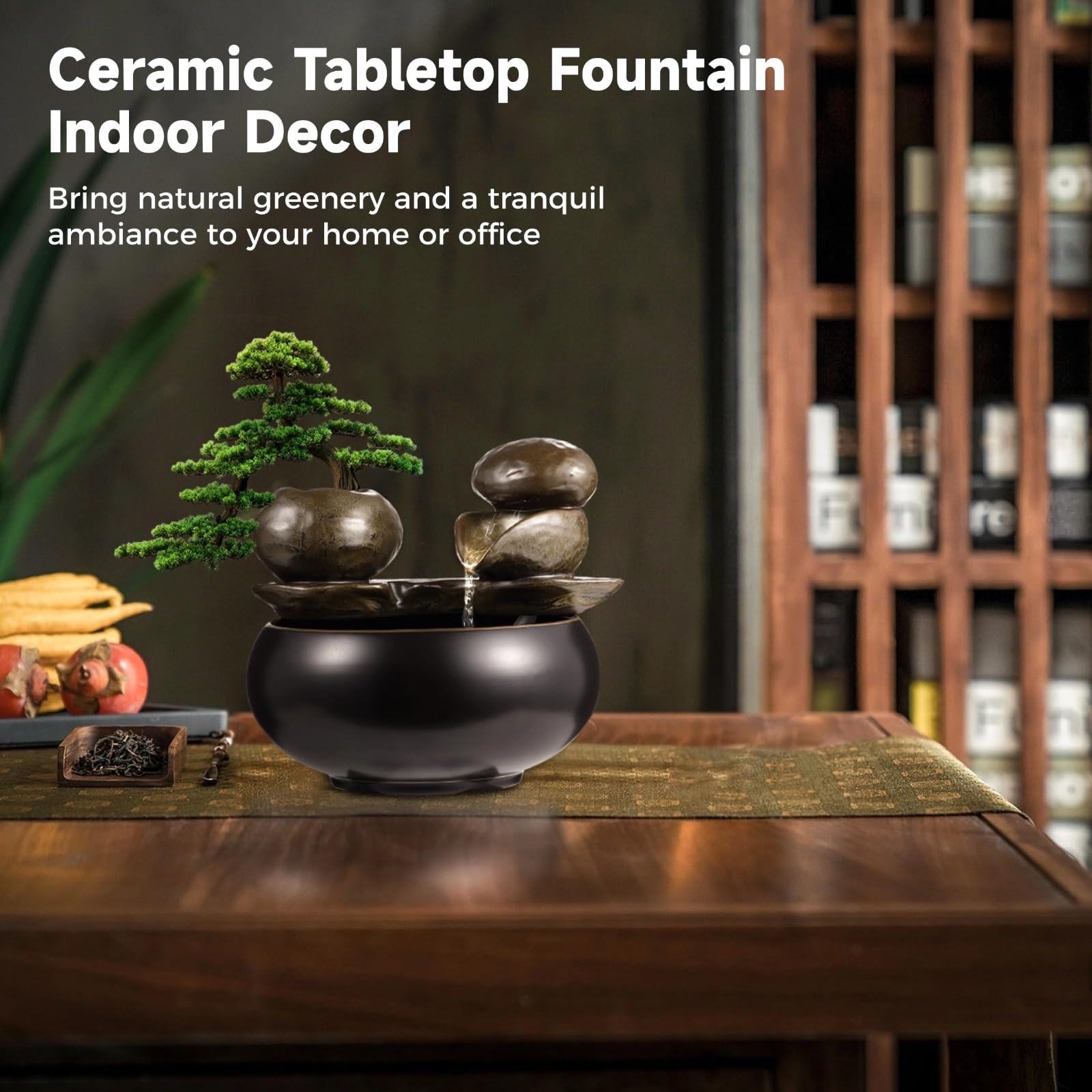 Fontaine de table en céramique avec élément d'eau en pierre – Fontaine de table noire brillante avec design naturel, décor de bureau silencieux pour la relaxation à la maison et au bureau'