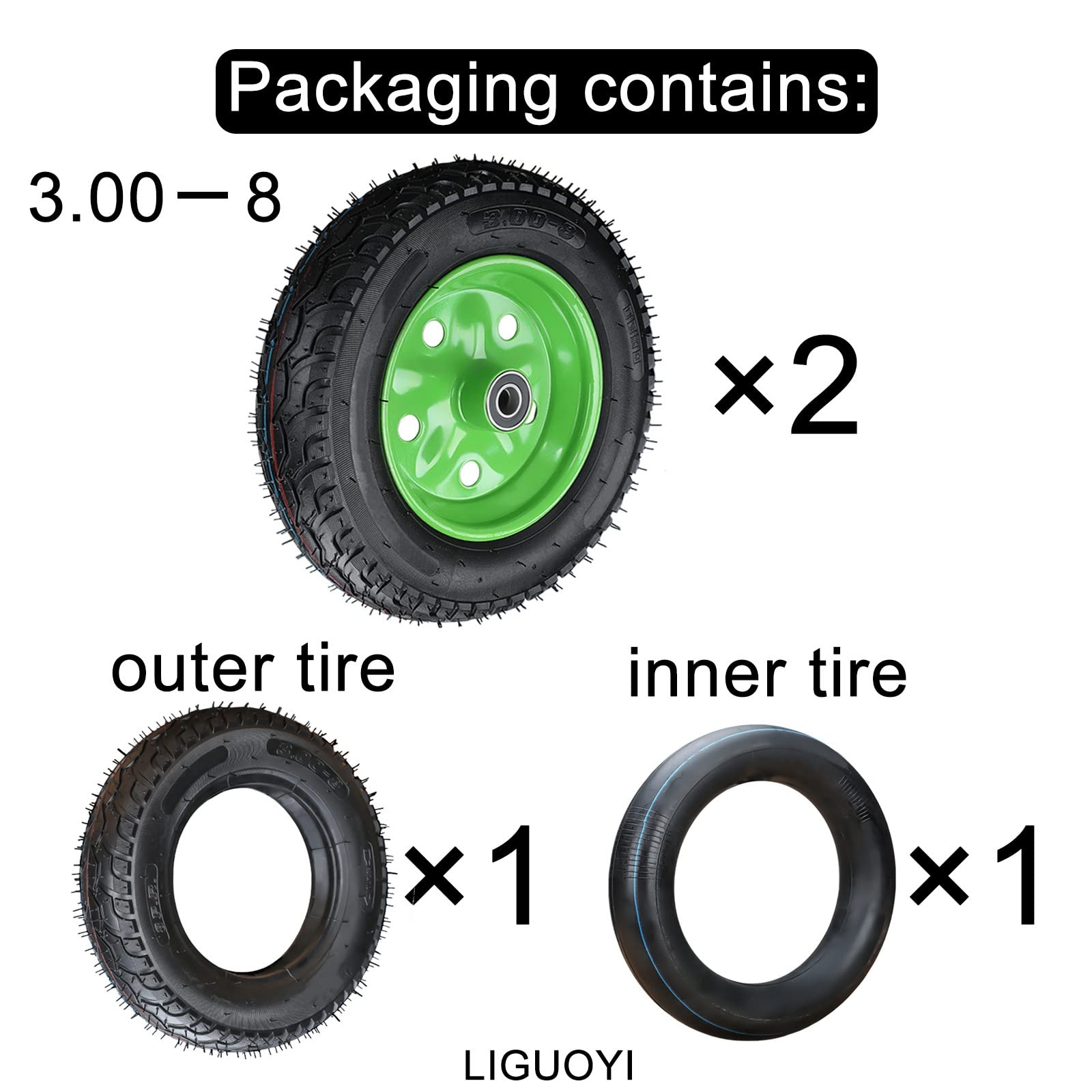 LIGUOYI 2er Set Gummiräder 3.00-8 Ø35 cm Luftreifen Rollen Schubkarren Reifen Ersatz 500Kg Gesamtkapazität 2 cm Schaftloch Industrierollen - Grün Hub Mit Kugellager - Plattformwagen Rad