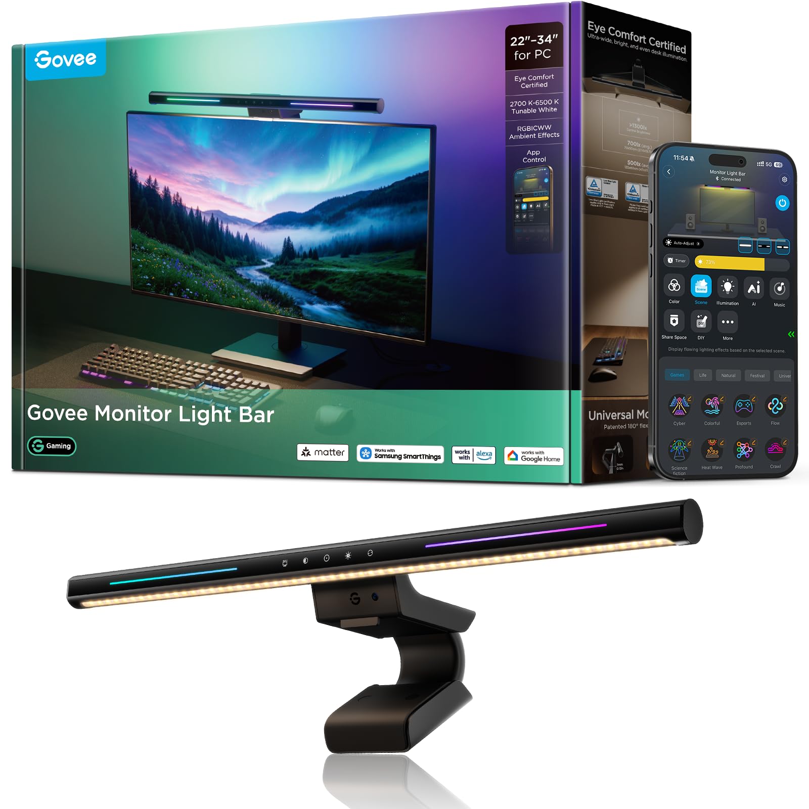 Govee Monitor Light Bar, RGBIC Backlight, for 0.12-6.3-inch Thick Monitors