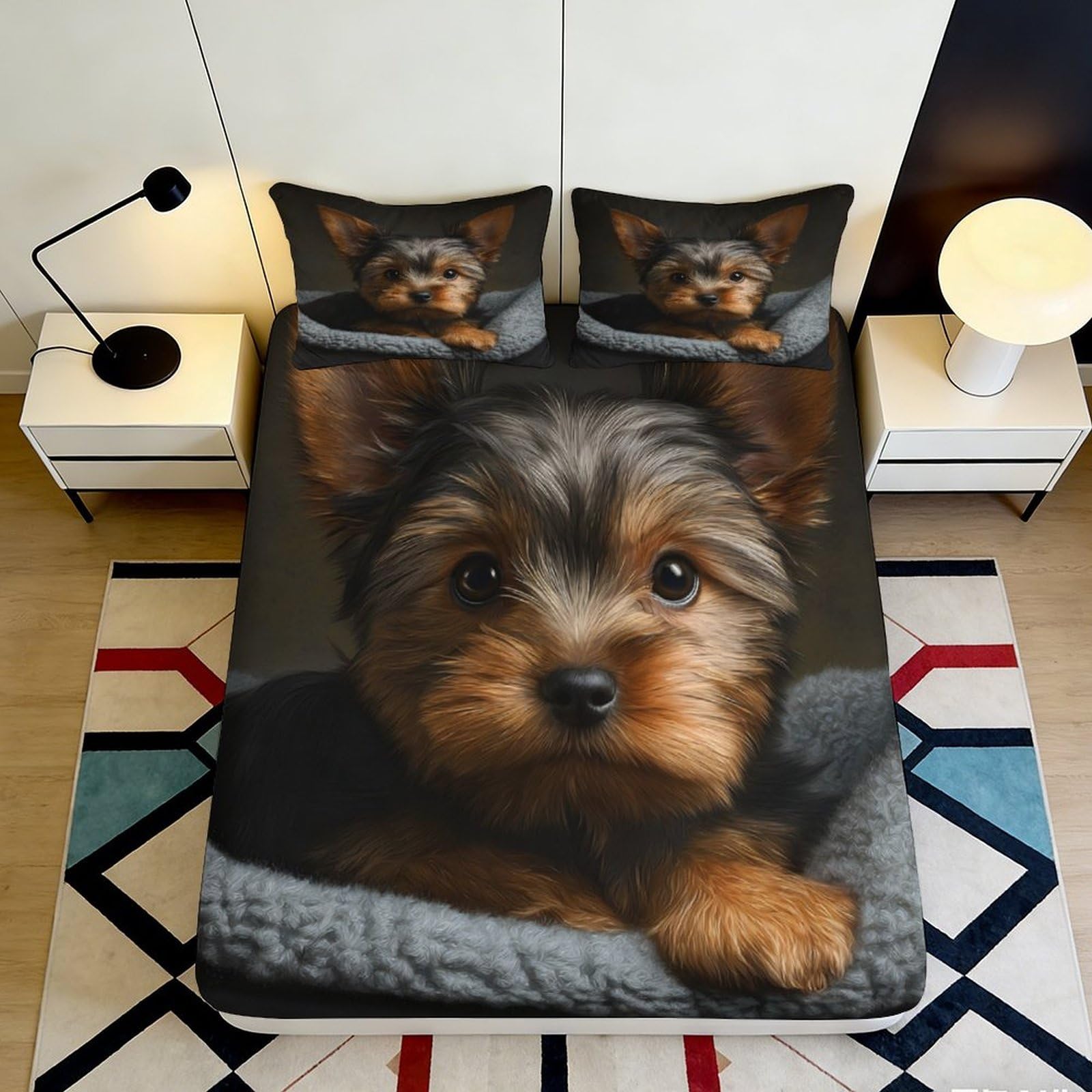 3D Printed Cute Puppy Fitted Sheet Microfiber Soft Breathable Dog Face Bed Cover for Bedroom Dormitory Guest Room Mattress Protection Decor 200x200x25cm