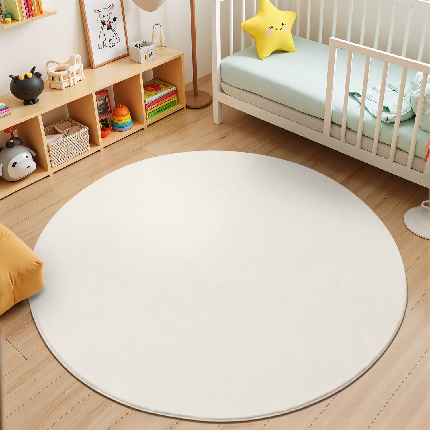 SHACOS Creme Teppich Rund 200 cm Fellteppich Kunstfell Teppich Flauschig Weicher Wohnzimmerteppich Waschbar Teppiche Anti-Rutsch-Rückseite, Felloptik, Für Fußbodenheizung geeignet