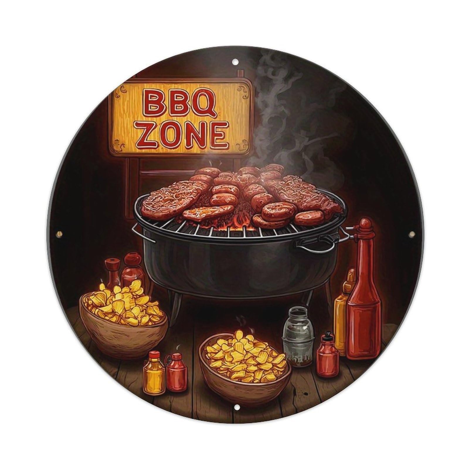 Bbq Zone Grilling Scene Pattern Metal Tin Sign Plaque