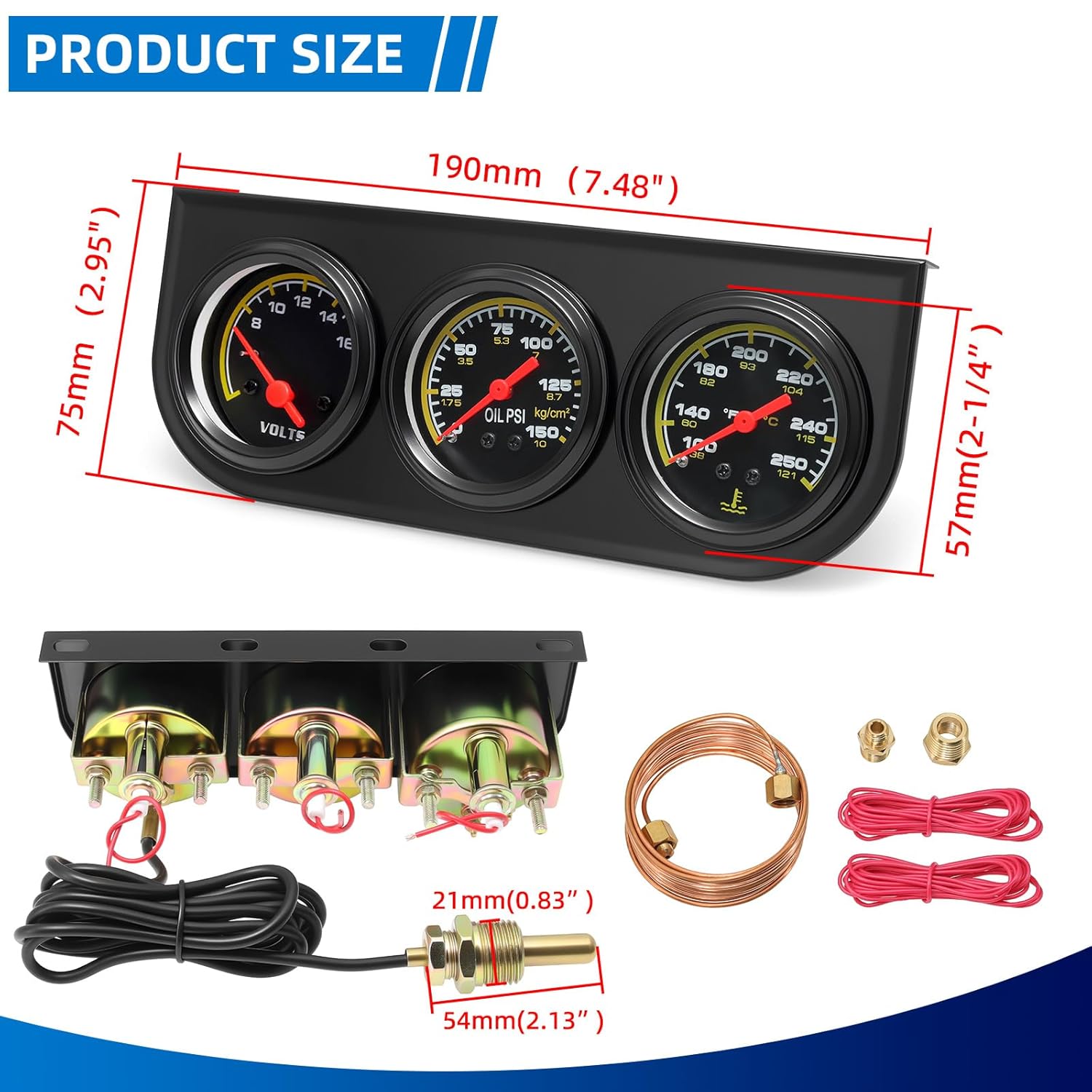 MH 2inch 52mm Triple Gauge Set, Oil Pressure Gauge (0-150PSI) Water Temperature (100°F-280°F) Voltmeter Car Auto 3 Gauges kit