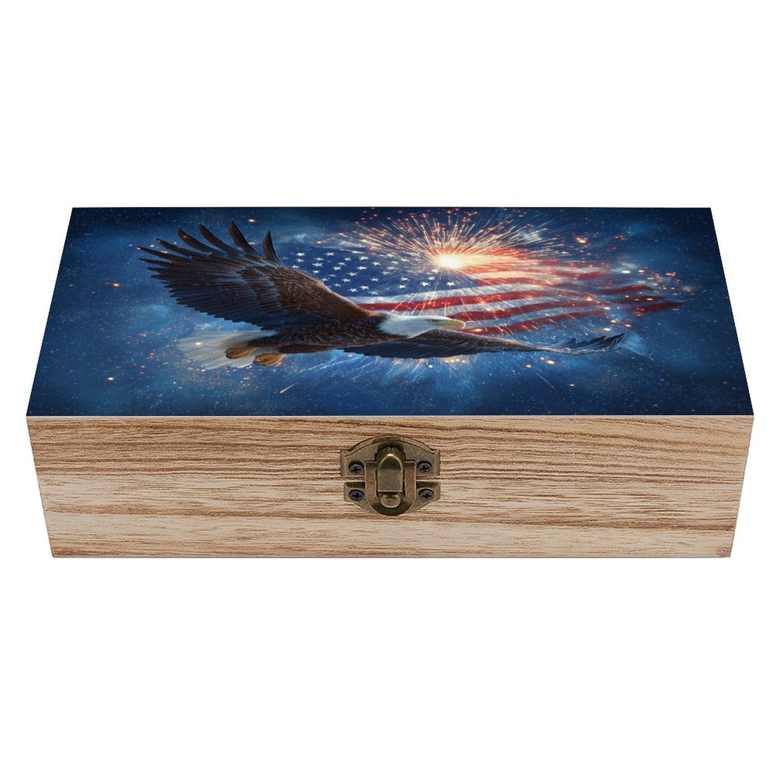 Ahdyr American Flag with Eagle Soaring Wooden Storage Box with Hinged Lid And Front Clasp Large Keepsake Box