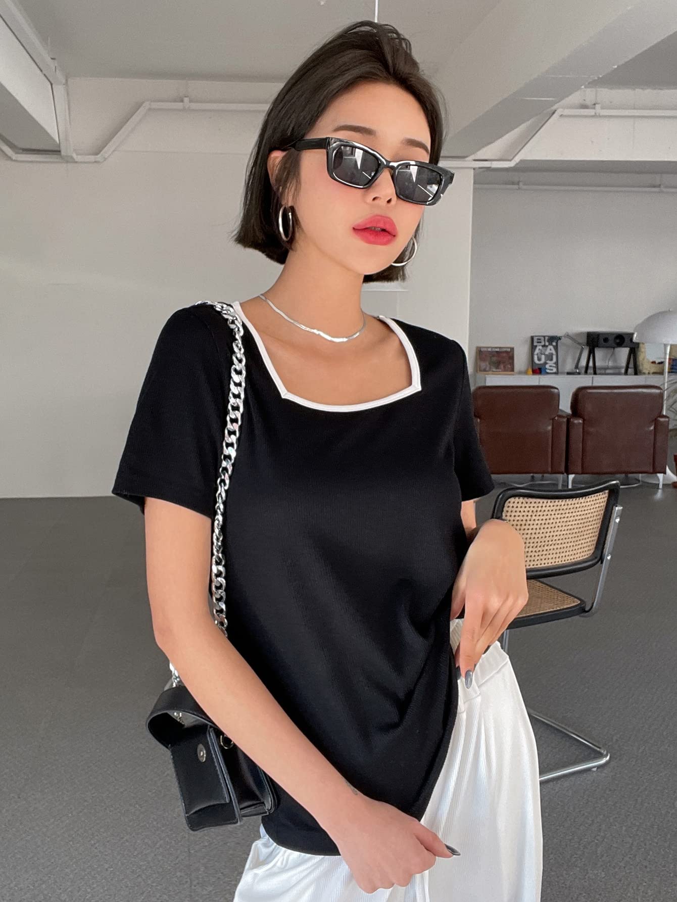 T-shirt manche carrée pour femme en taille XL - Top d'été basique confortable