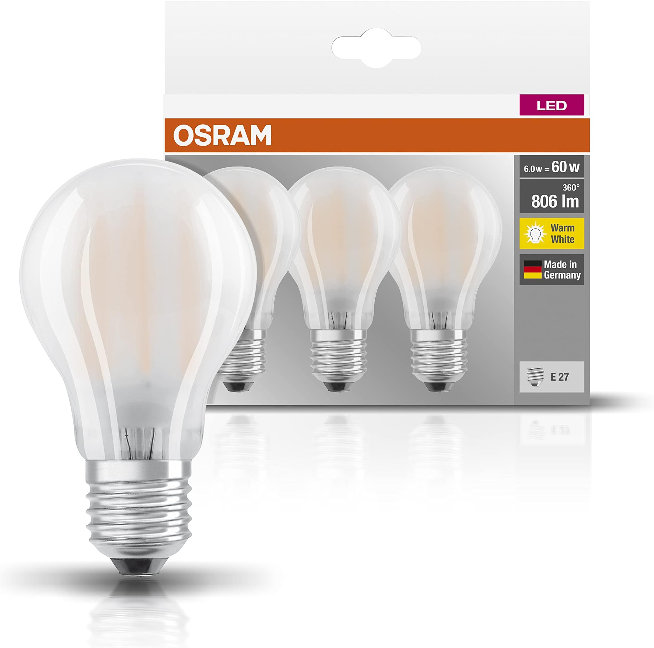 OSRAM LED Base Classic A / LED-lamp in bulb shape with E27-base / not dimmable / replacement for 60 Watt / Matt / warm white - 2700 Kelvin / pack of 3