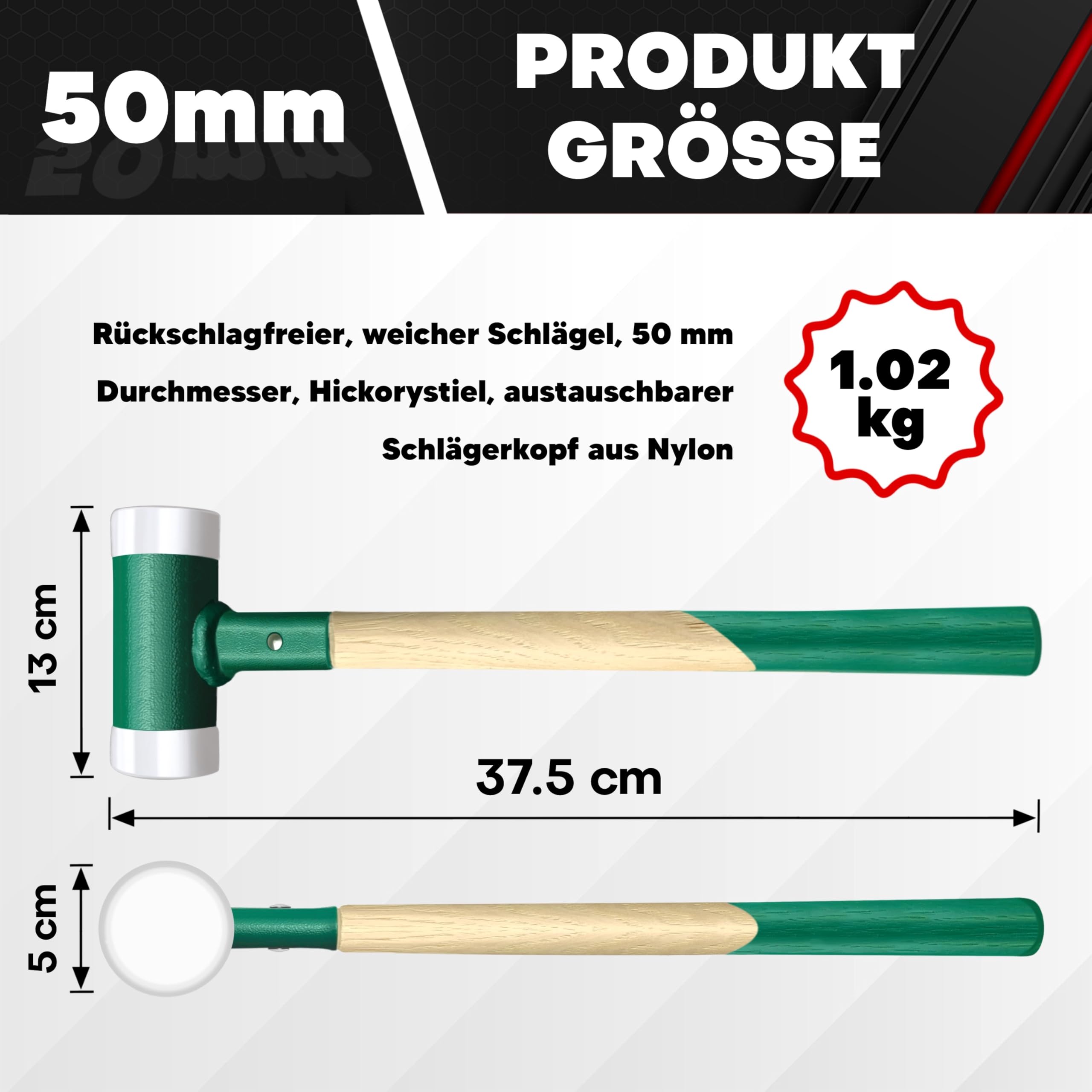 C&T Martello di protezione, martello di protezione senza contraccolpo, paletta morbida, diametro 50 mm, manico in legno con testa in nylon intercambiabile per manutenzione e montaggio, martello da