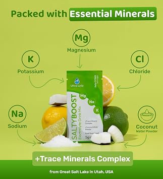 Ultra Lyte Electrolytes Drink Mix - Sugar-Free Sachets with High Sodium, Trace Minerals, and Coconut Water - Hydration for Sports, Fitness, and Recovery (12 Servings (Pack of 1), Salty Citrus)